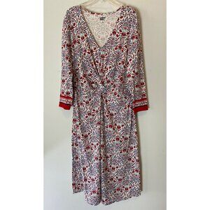 Lands End Dress V-Neck Long Sleeve Red & Blue Floral Pattern Medium